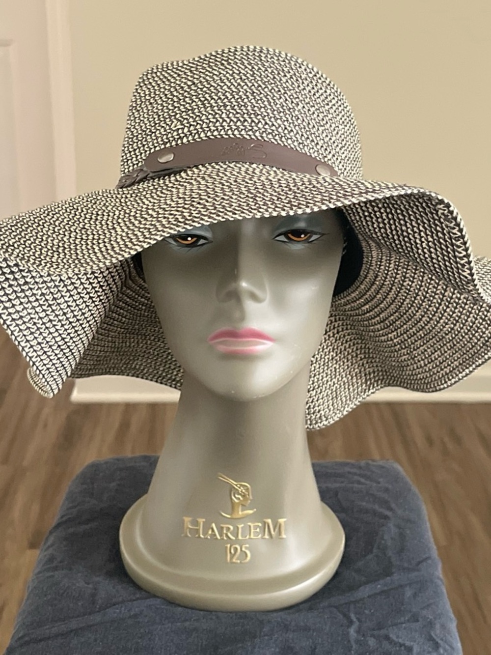 Wide Brim Straw-Style Sun Hat with Brown Band - Beige/Black